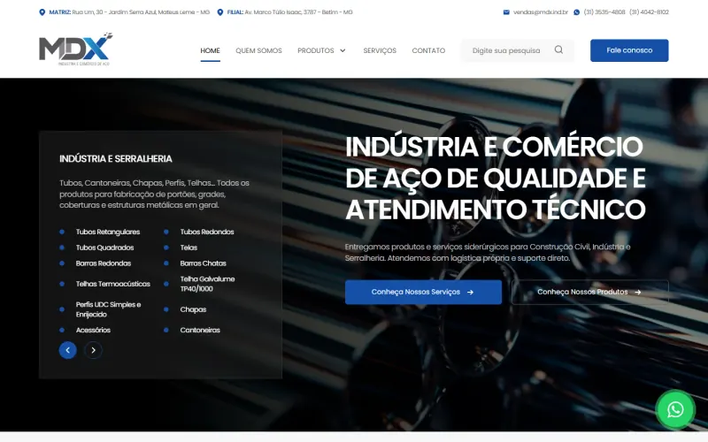 Site desenvolvido para MDX Aço
